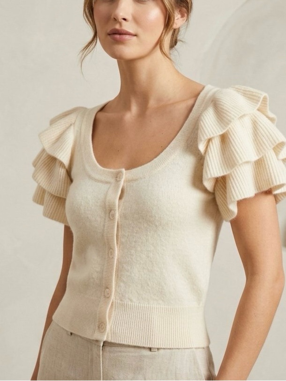 NWT French Connection Angora Rabbit Hair Ruffle Sleeve Cardigan Top S Cream